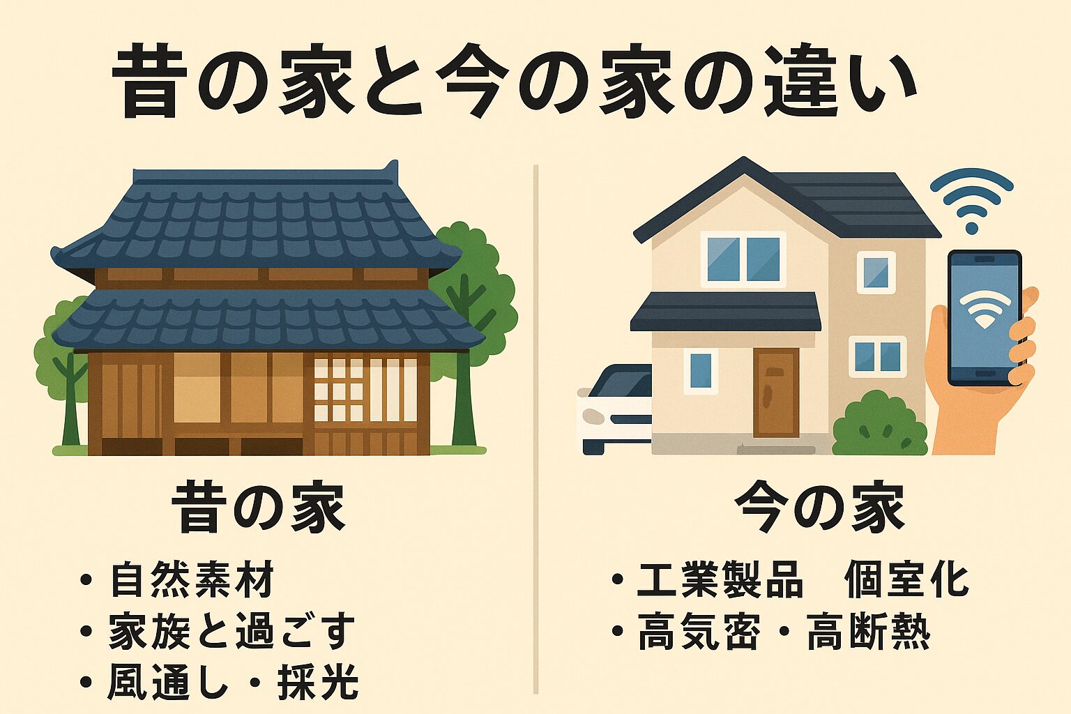 昔の家と今の家の違いを素材と生活面から詳しく解説 | 理想のマイホーム計画｜家づくりがわかる情報サイト